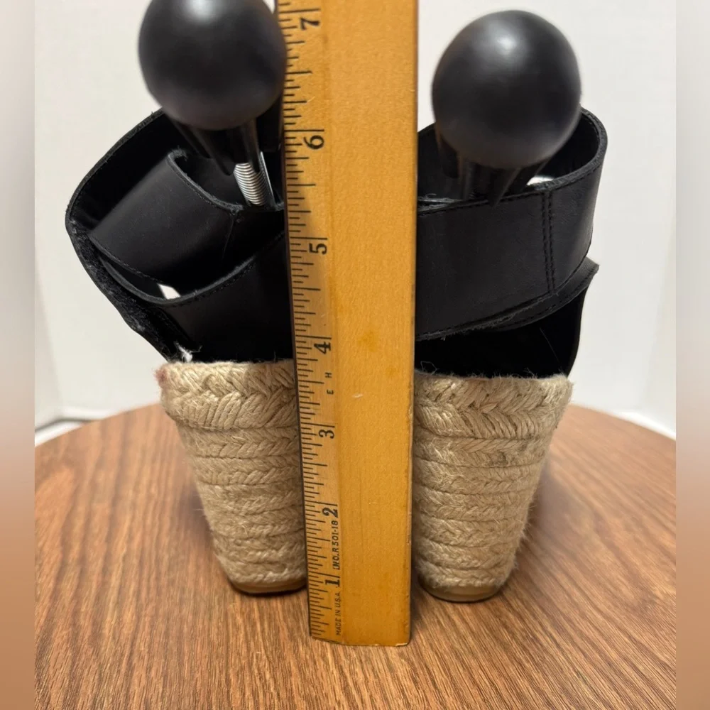 Vince Seymour Covered Black Leather Open Toe Espadrille Jute Wedge Sandal 9M
